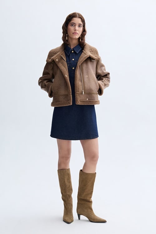 PELÜŞ YAKA CROP DERİ GÖRÜNÜMLÜ MONT CEKET