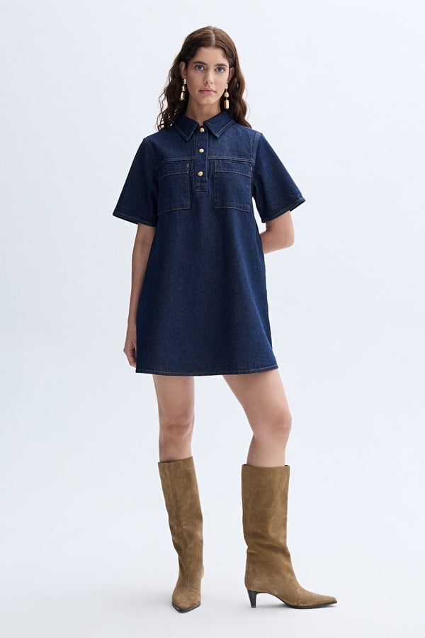 DÜZ KESİM GÖMLEK YAKA MİNİ JEAN ELBİSE