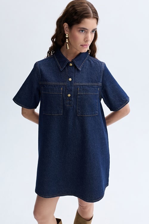 DÜZ KESİM GÖMLEK YAKA MİNİ JEAN ELBİSE