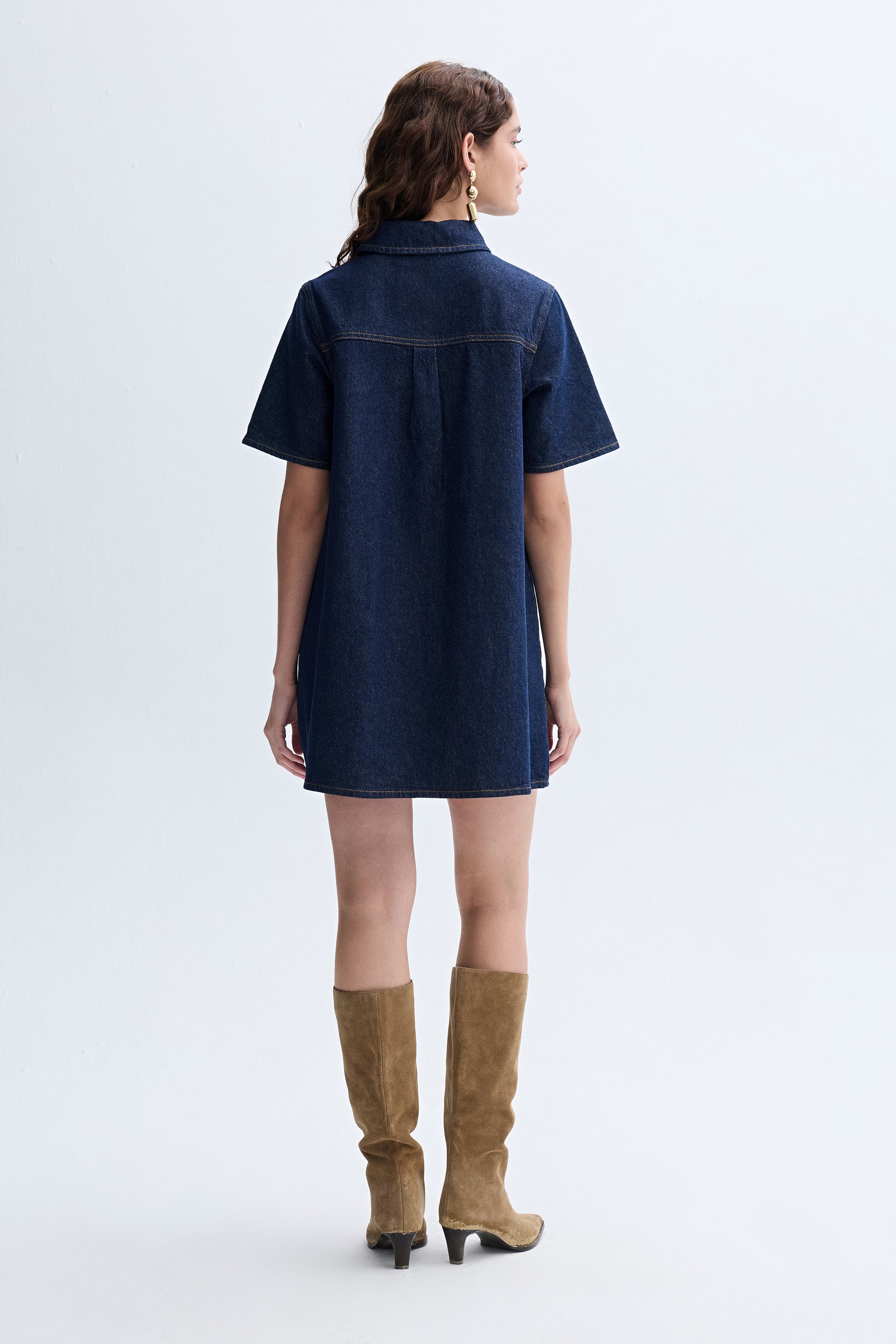 DÜZ KESİM GÖMLEK YAKA MİNİ JEAN ELBİSE