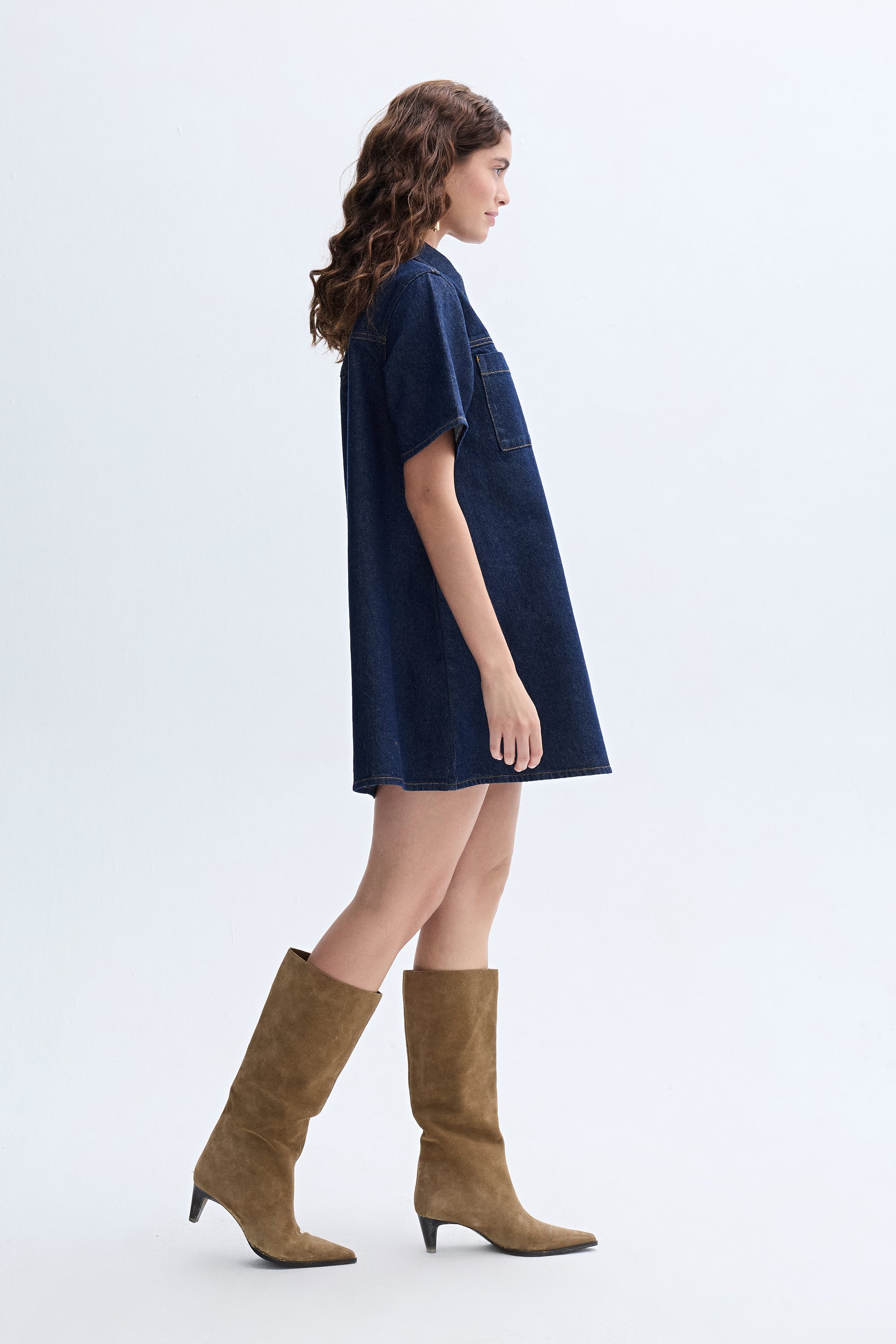 DÜZ KESİM GÖMLEK YAKA MİNİ JEAN ELBİSE