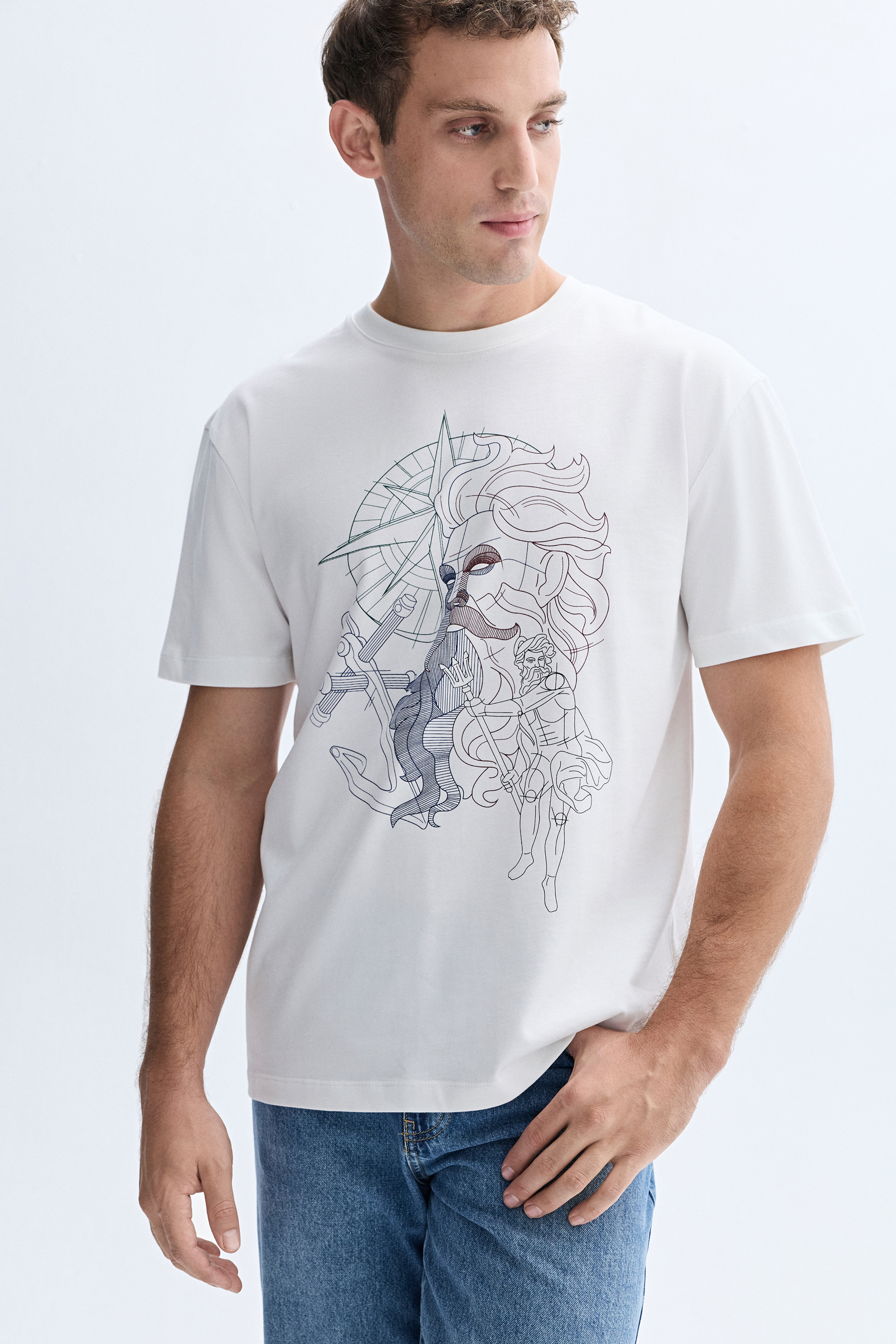 COMFORT FIT BASKILI BİSİKLET YAKA T-SHIRT