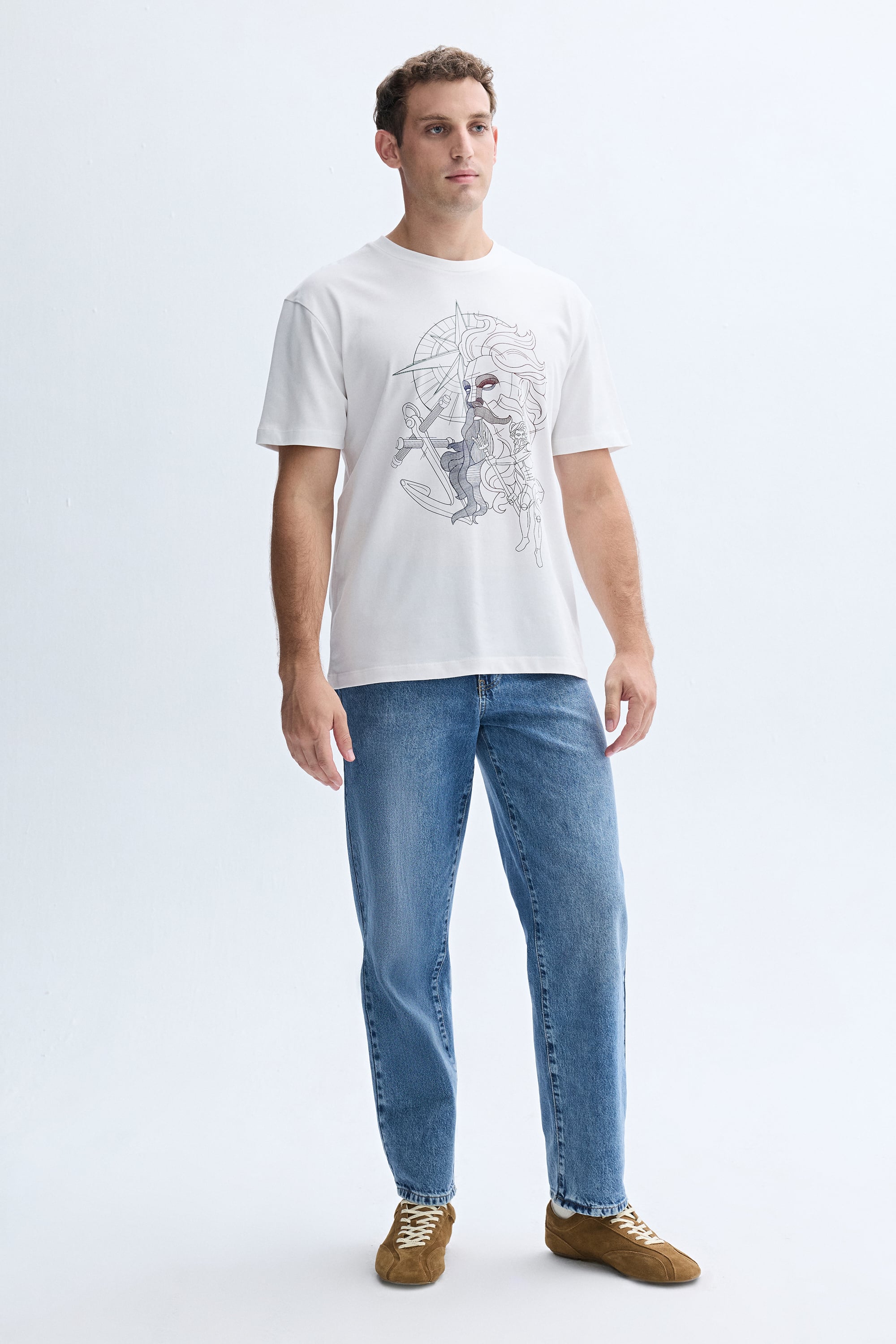 COMFORT FIT BASKILI BİSİKLET YAKA T-SHIRT