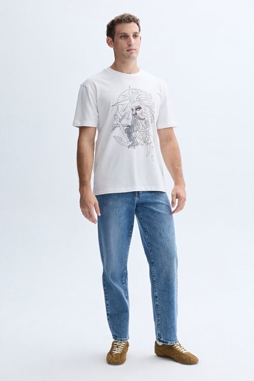 COMFORT FIT BASKILI BİSİKLET YAKA T-SHIRT