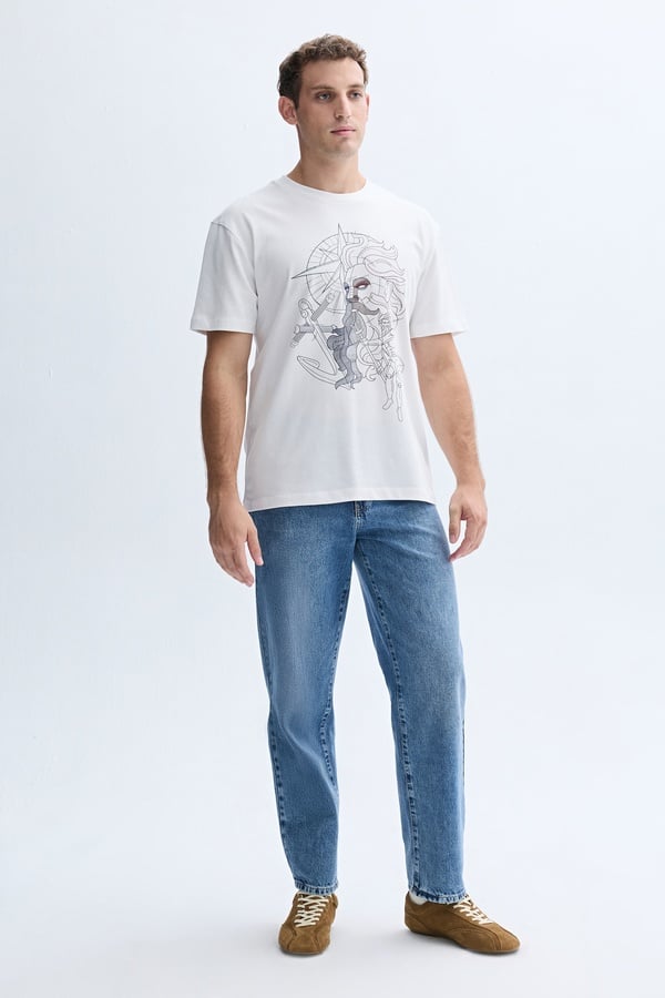 COMFORT FIT BASKILI BİSİKLET YAKA T-SHIRT