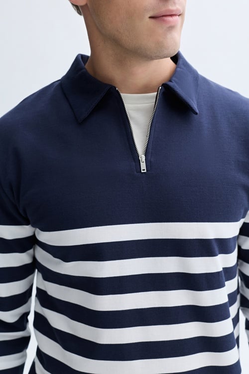 ÇİZGİLİ FERMUARLI POLO YAKA SWEATSHIRT
