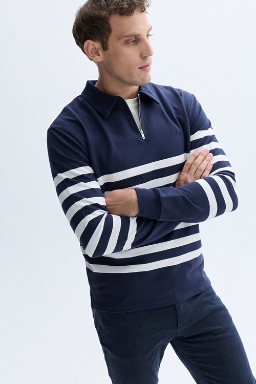 ÇİZGİLİ FERMUARLI POLO YAKA SWEATSHIRT