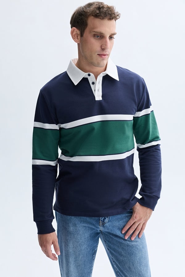 ÇİZGİLİ POLO YAKA SWEATSHIRT