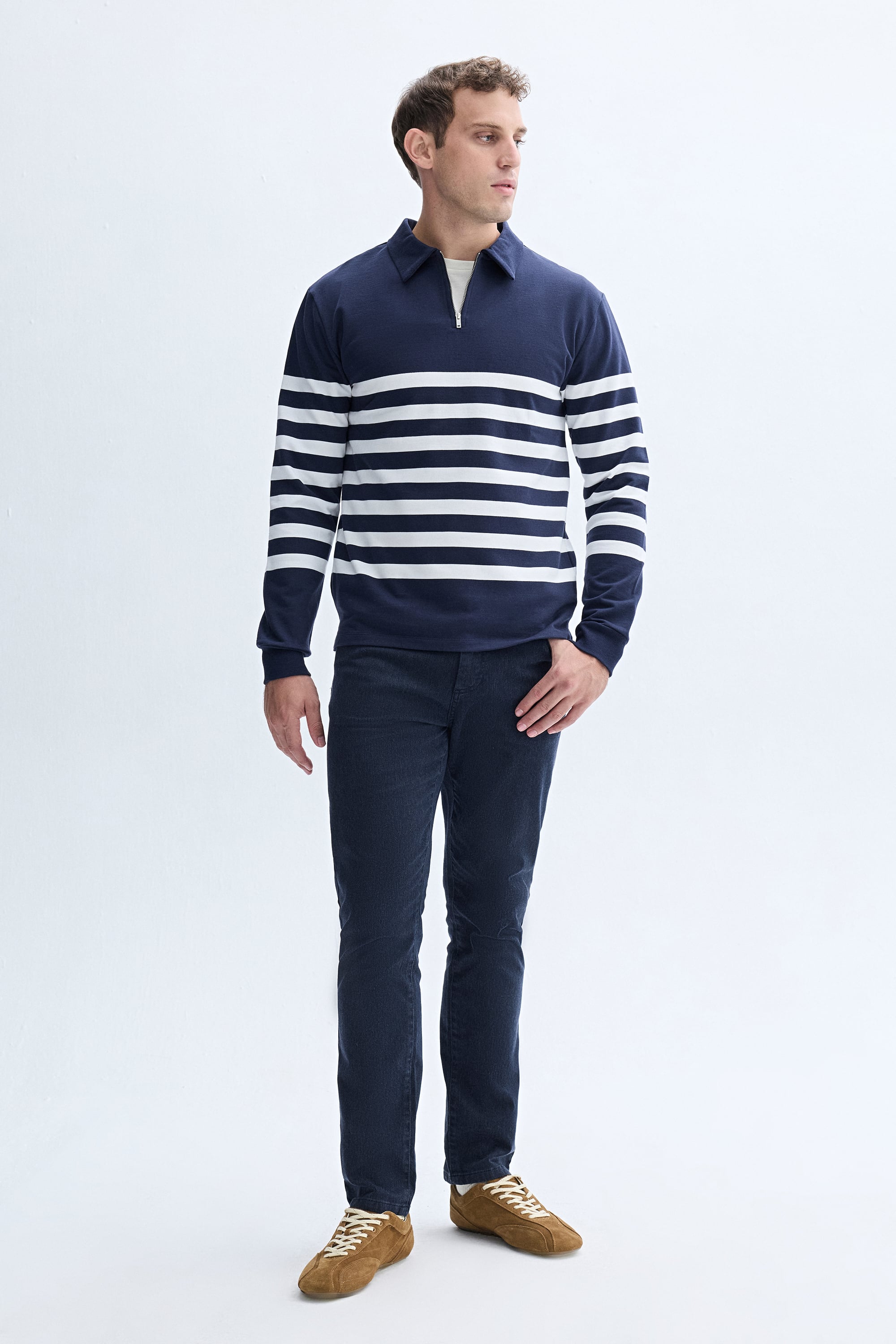 ÇİZGİLİ FERMUARLI POLO YAKA SWEATSHIRT