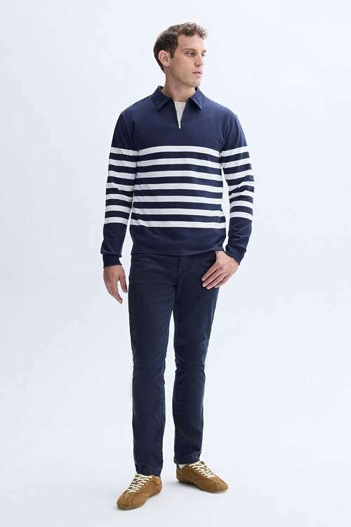 ÇİZGİLİ FERMUARLI POLO YAKA SWEATSHIRT