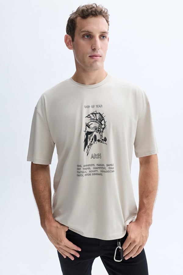 OVERSIZE BASKILI BİSİKLET YAKA T-SHIRT