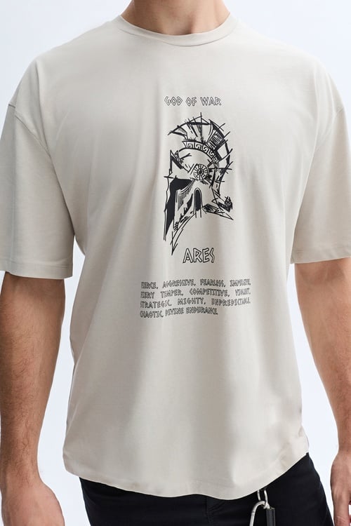 OVERSIZE BASKILI BİSİKLET YAKA T-SHIRT