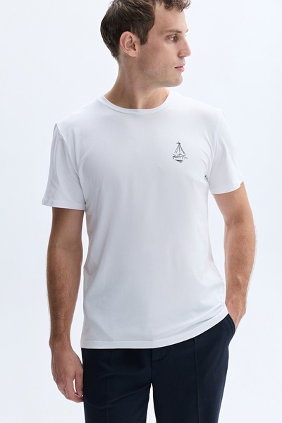 Mudo Bej Baskili Bisiklet Yaka T-Shirt