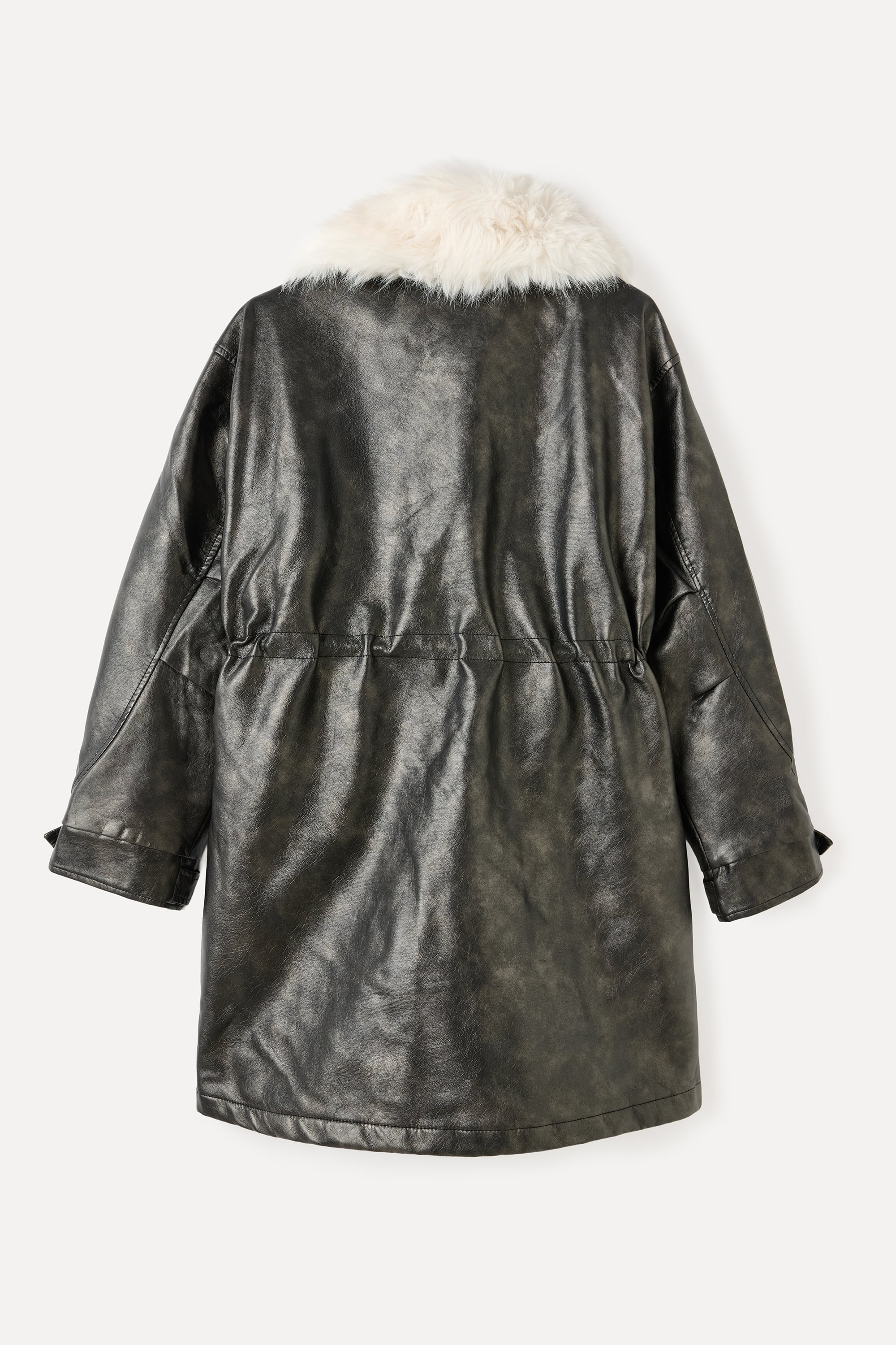 SUNİ KÜRK YAKA DERİ GÖRÜNÜMLÜ UZUN PALTO