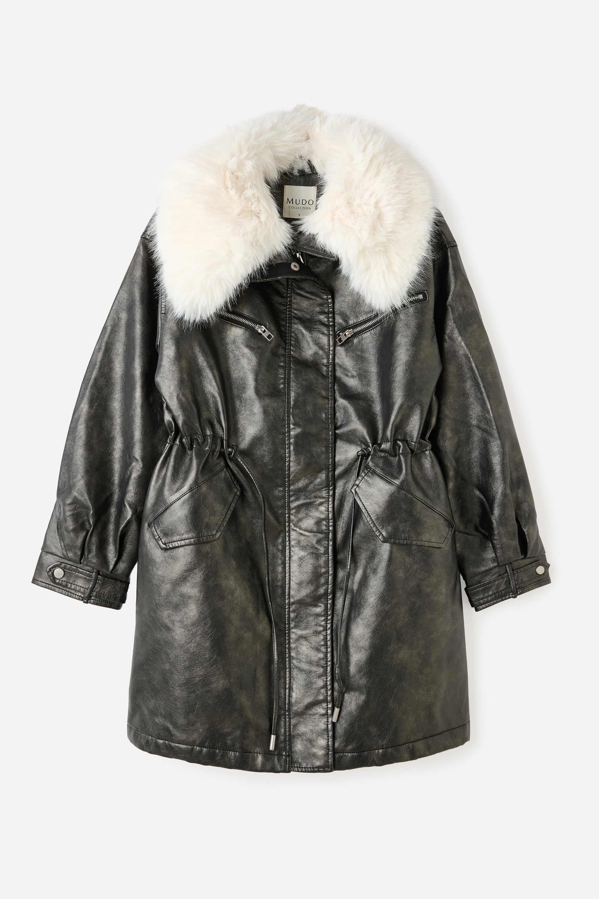 SUNİ KÜRK YAKA DERİ GÖRÜNÜMLÜ UZUN PALTO