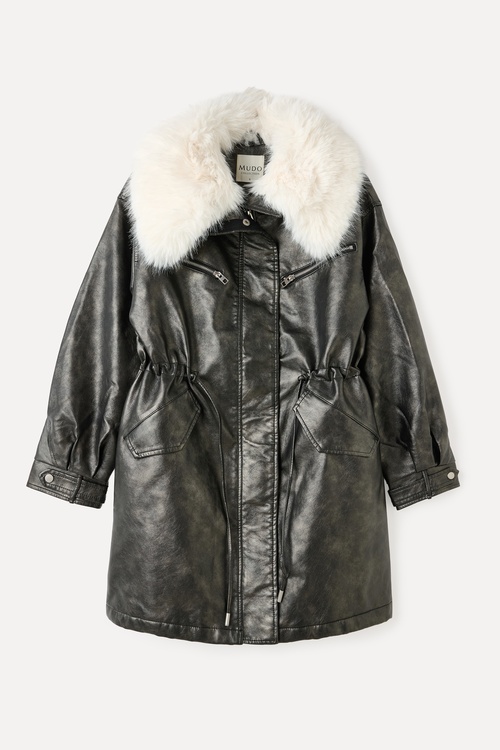  SUNİ KÜRK YAKA DERİ GÖRÜNÜMLÜ UZUN PALTO