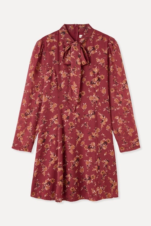  FLORAL BASKILI YAKASI BAĞLAMALI MİNİ ELBİSE