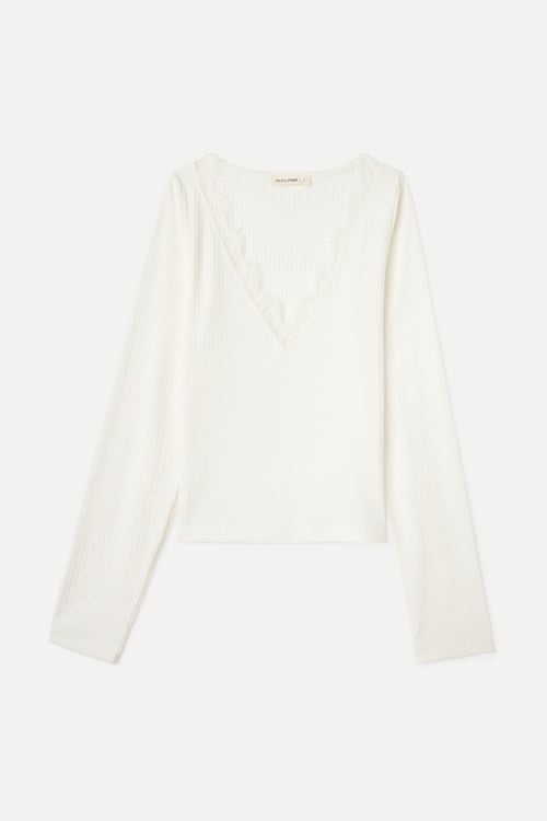 DANTELLİ V YAKA UZUN KOLLU T-SHIRT