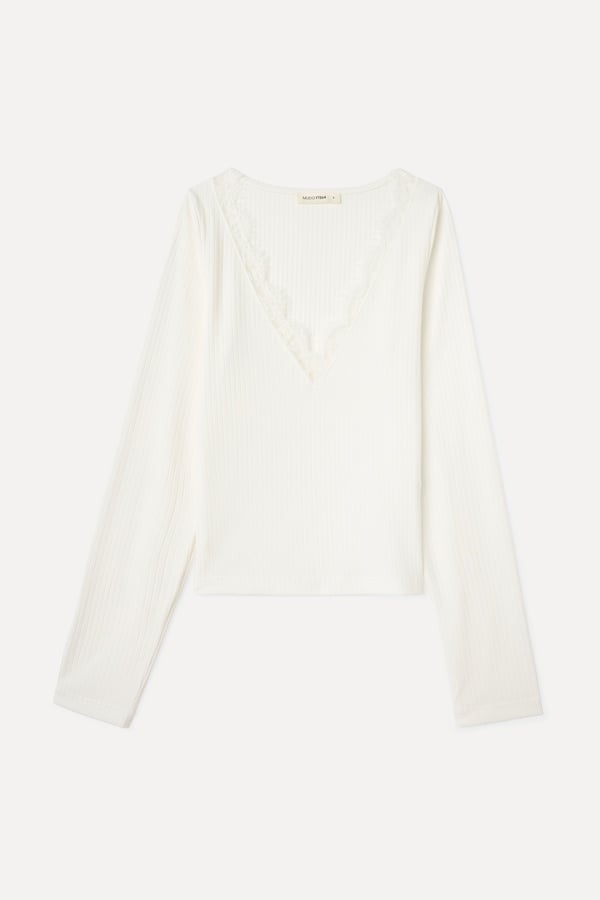 DANTELLİ V YAKA UZUN KOLLU T-SHIRT