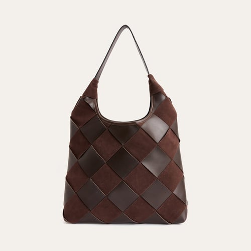 BLOKLU DERİ GÖRÜNÜMLÜ OMUZ ÇANTASI