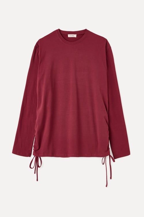 BELİ BÜZGÜLÜ OVERSIZE UZUN KOLLU T-SHIRT