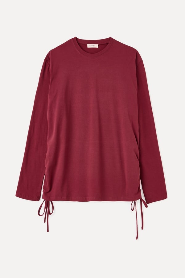 BELİ BÜZGÜLÜ OVERSIZE UZUN KOLLU T-SHIRT