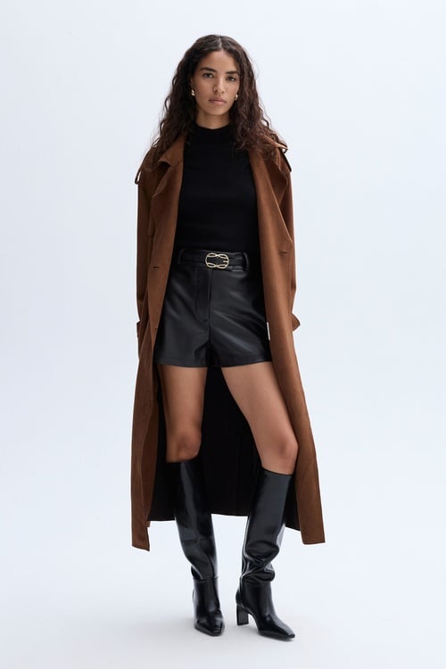 SÜET DOKULU KEMERLİ UZUN TRENÇKOT