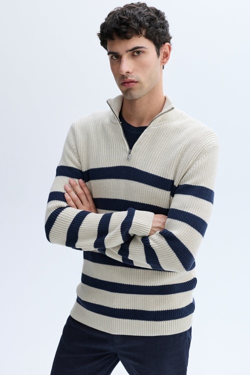 ÇİZGİLİ FERMUARLI DİK YAKA TRİKO KAZAK