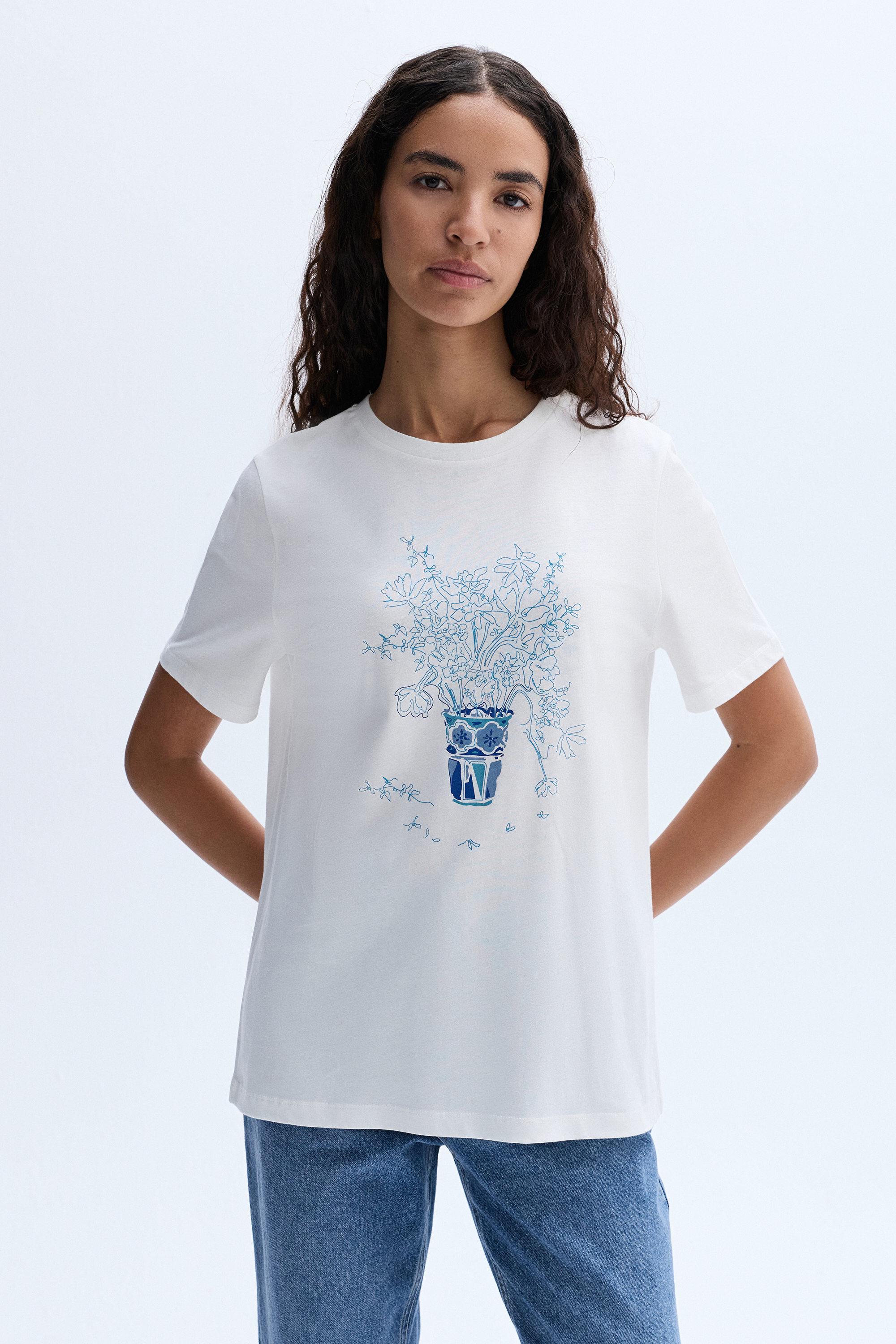 FLORAL BASKILI BİSİKLET YAKA T-SHIRT