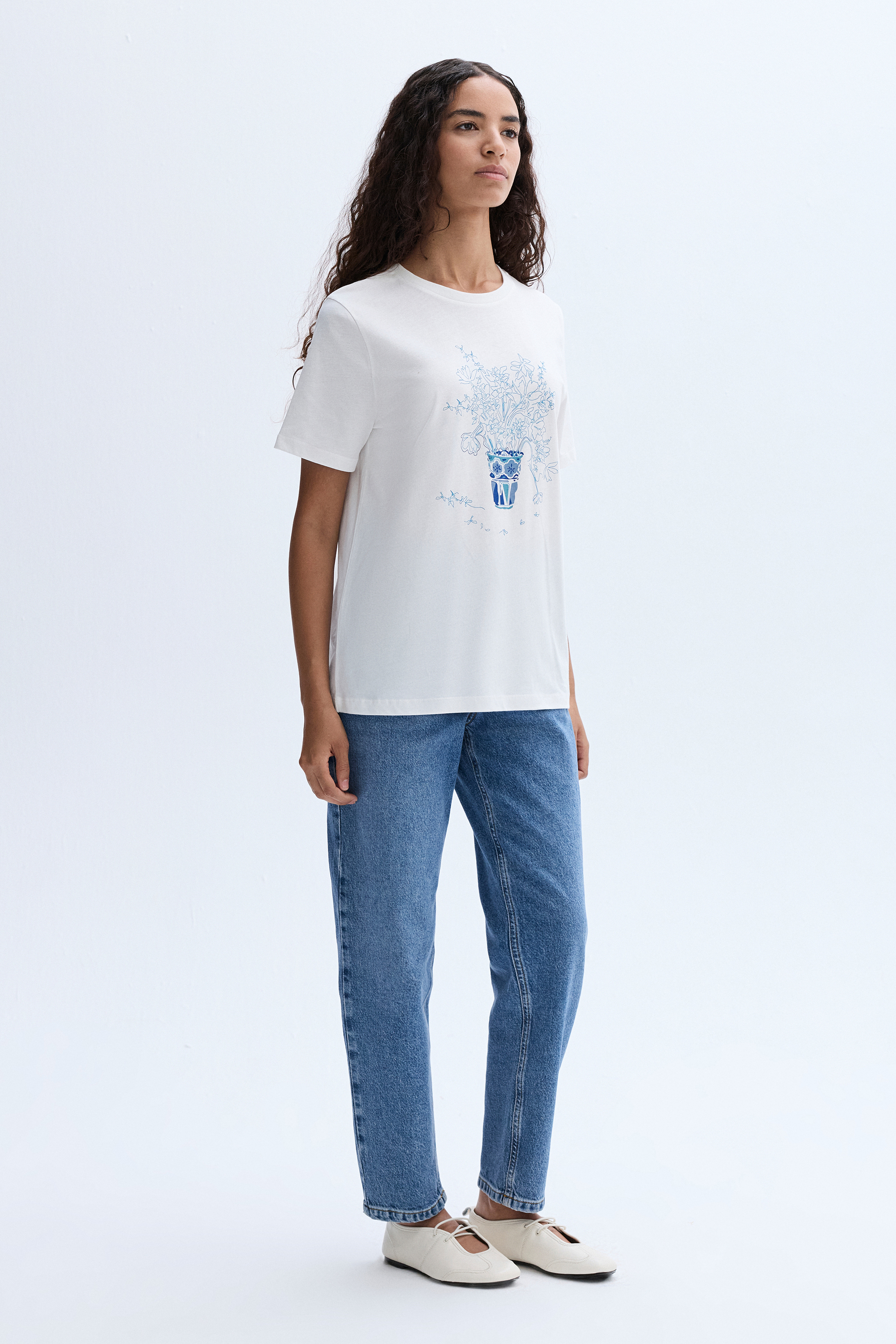 FLORAL BASKILI BİSİKLET YAKA T-SHIRT