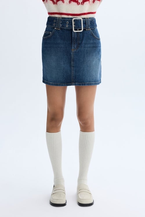 KEMER DETAYLI MİNİ JEAN ETEK