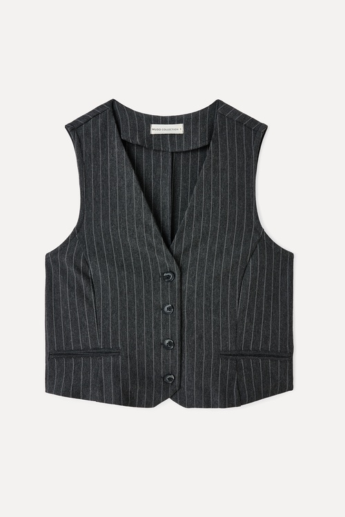  ÇİZGİLİ FITTED KOLSUZ SMART CEKET