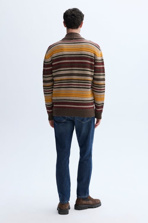 ÇİZGİLİ ŞAL YAKA OVERSIZE YÜN HIRKA