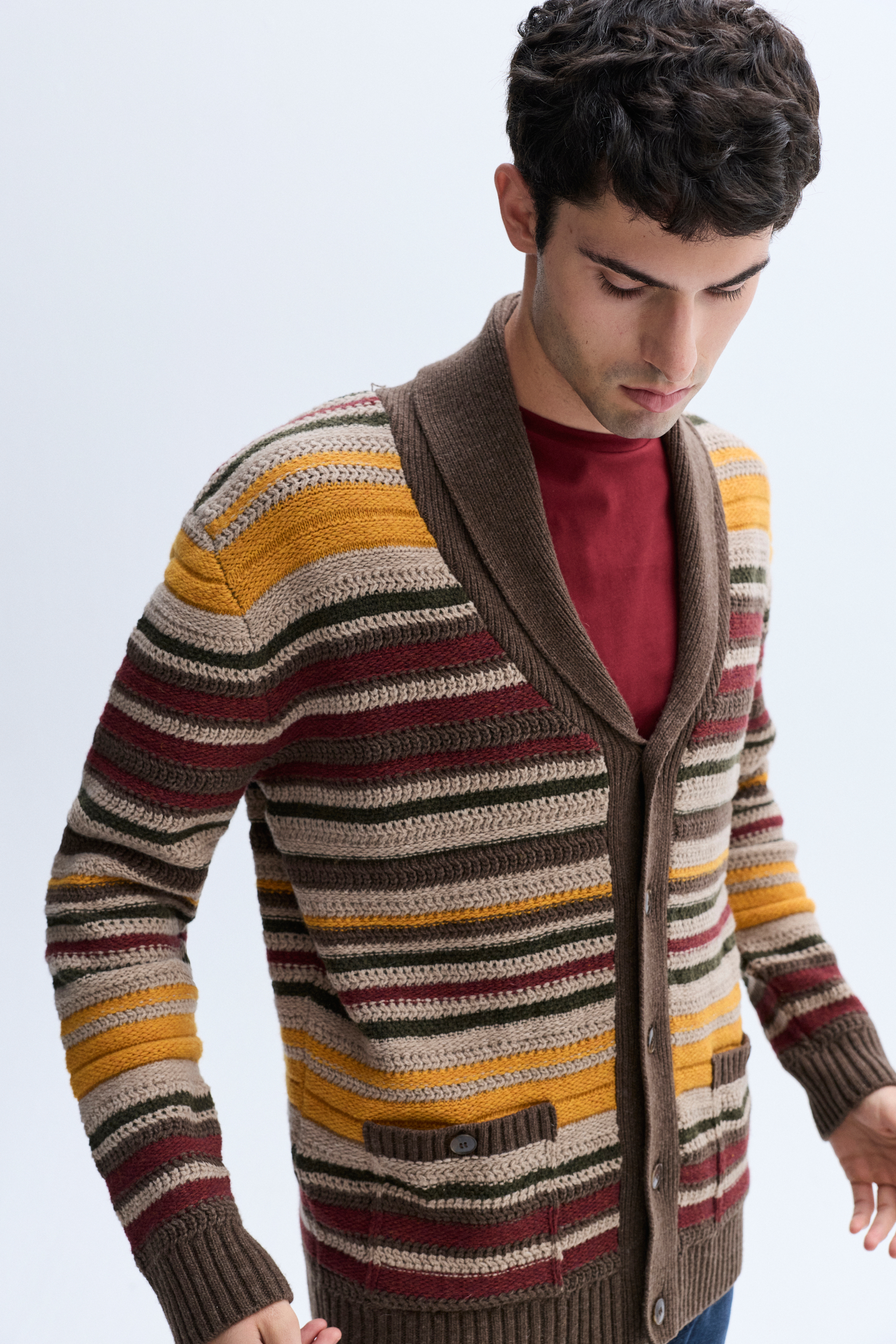 ÇİZGİLİ ŞAL YAKA OVERSIZE YÜN HIRKA