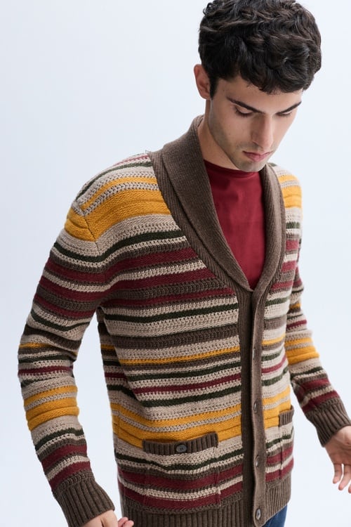 ÇİZGİLİ ŞAL YAKA OVERSIZE YÜN HIRKA