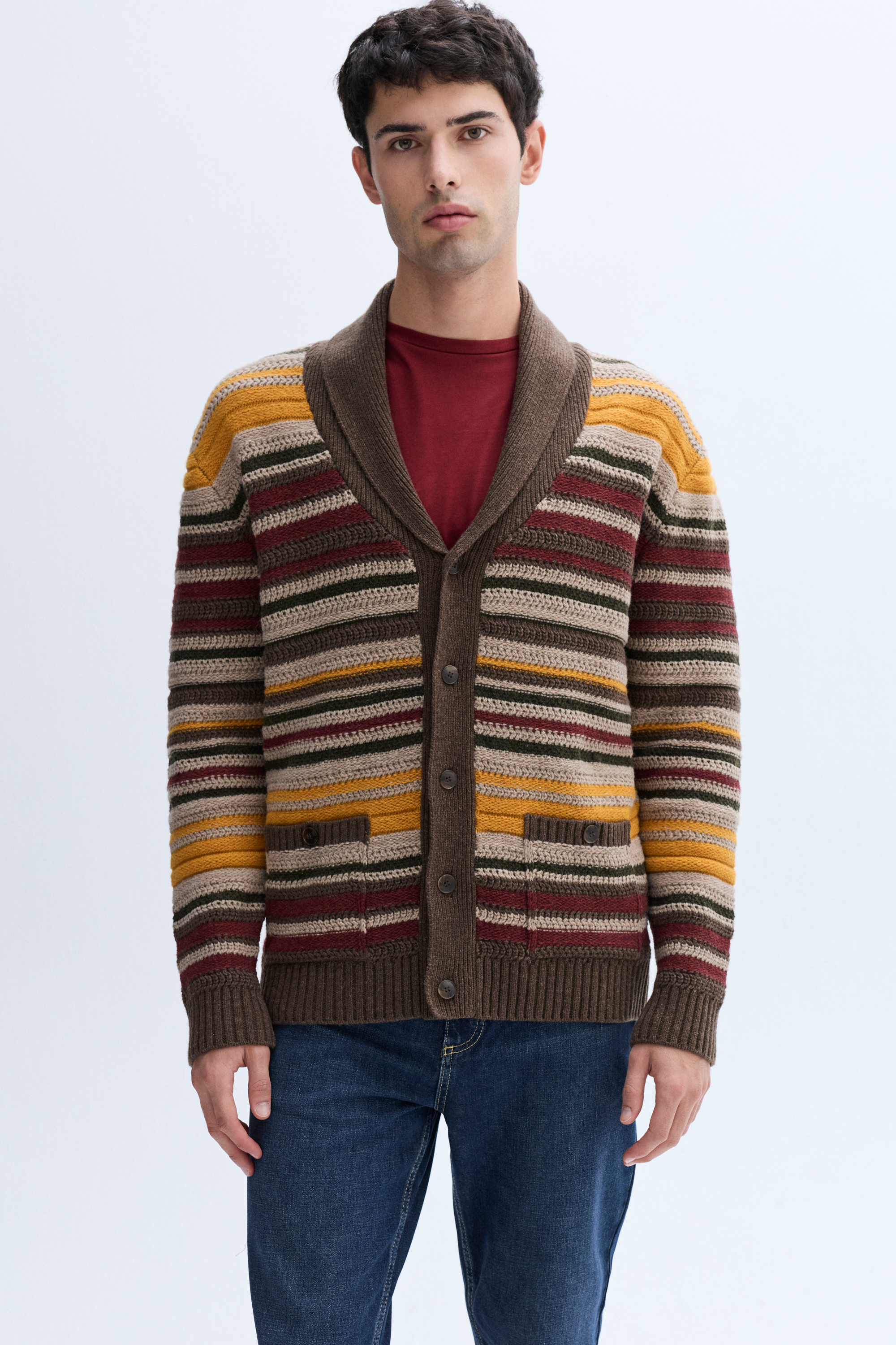 ÇİZGİLİ ŞAL YAKA OVERSIZE YÜN HIRKA