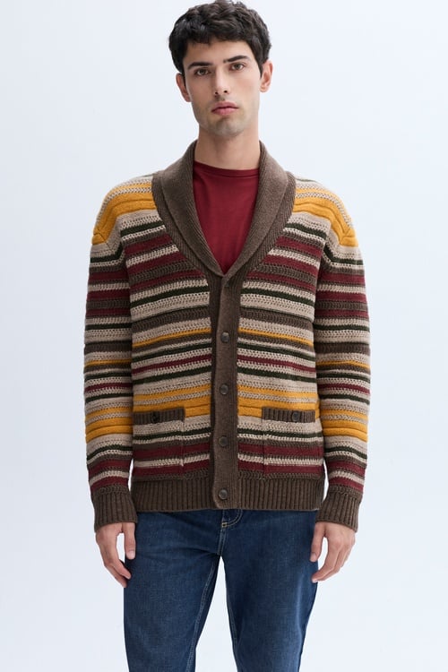 ÇİZGİLİ ŞAL YAKA OVERSIZE YÜN HIRKA