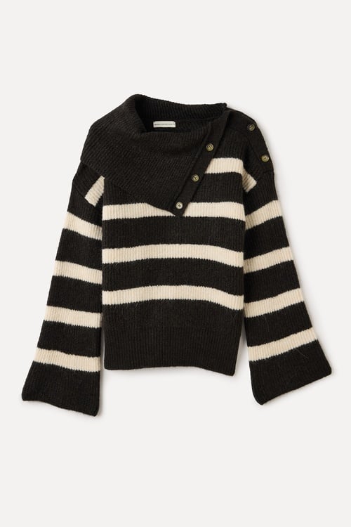 ÇİZGİLİ LOOSE FIT DÜĞMELİ DİK YAKA KAZAK