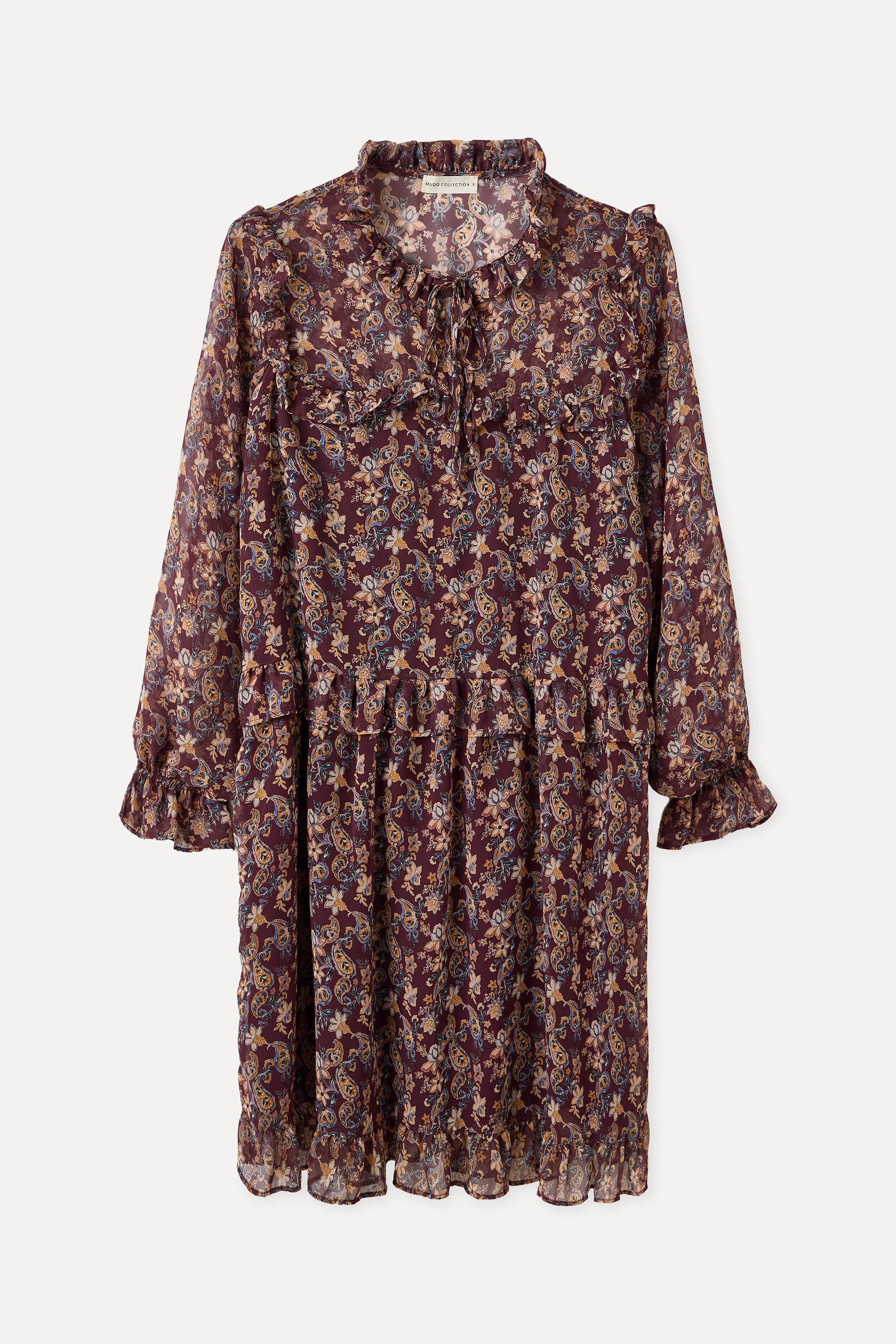 FLORAL BASKILI YAKASI BAĞLAMALI MİNİ ELBİSE