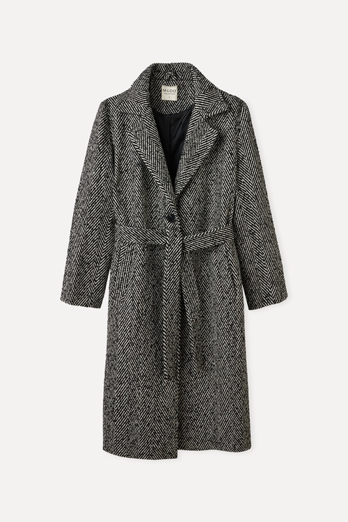  ÇİZGİLİ OVERSIZE KEMERLİ UZUN PALTO