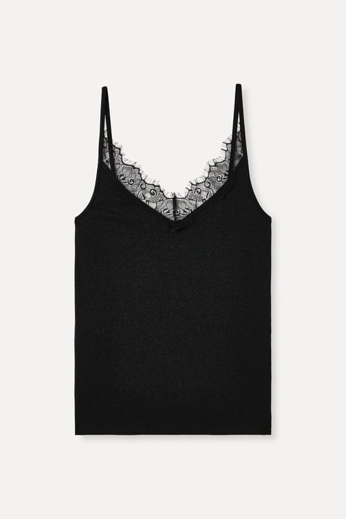  V YAKA DANTELLİ KOLSUZ BLUZ