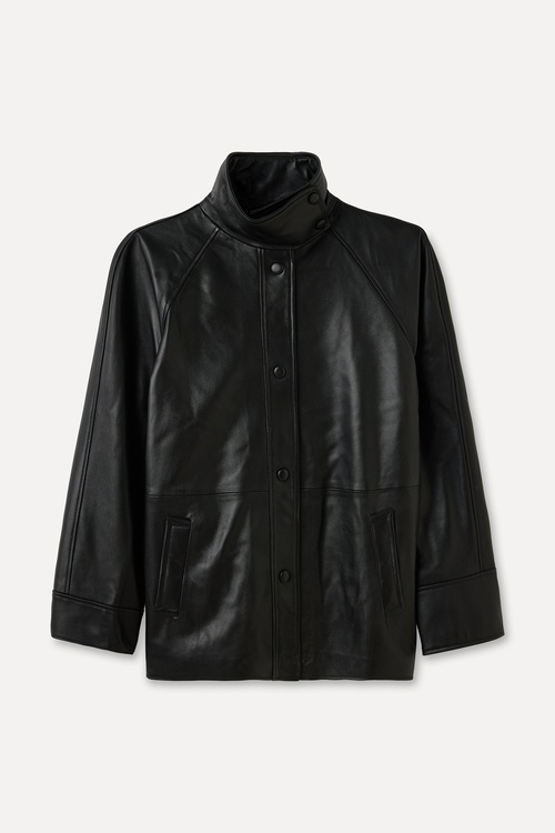  OVERSIZE DİK YAKA HAKİKİ DERİ CEKET