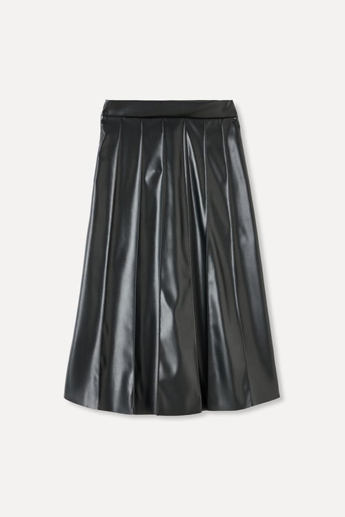  A FORM DERİ GÖRÜNÜMLÜ PİLELİ MİDİ ETEK