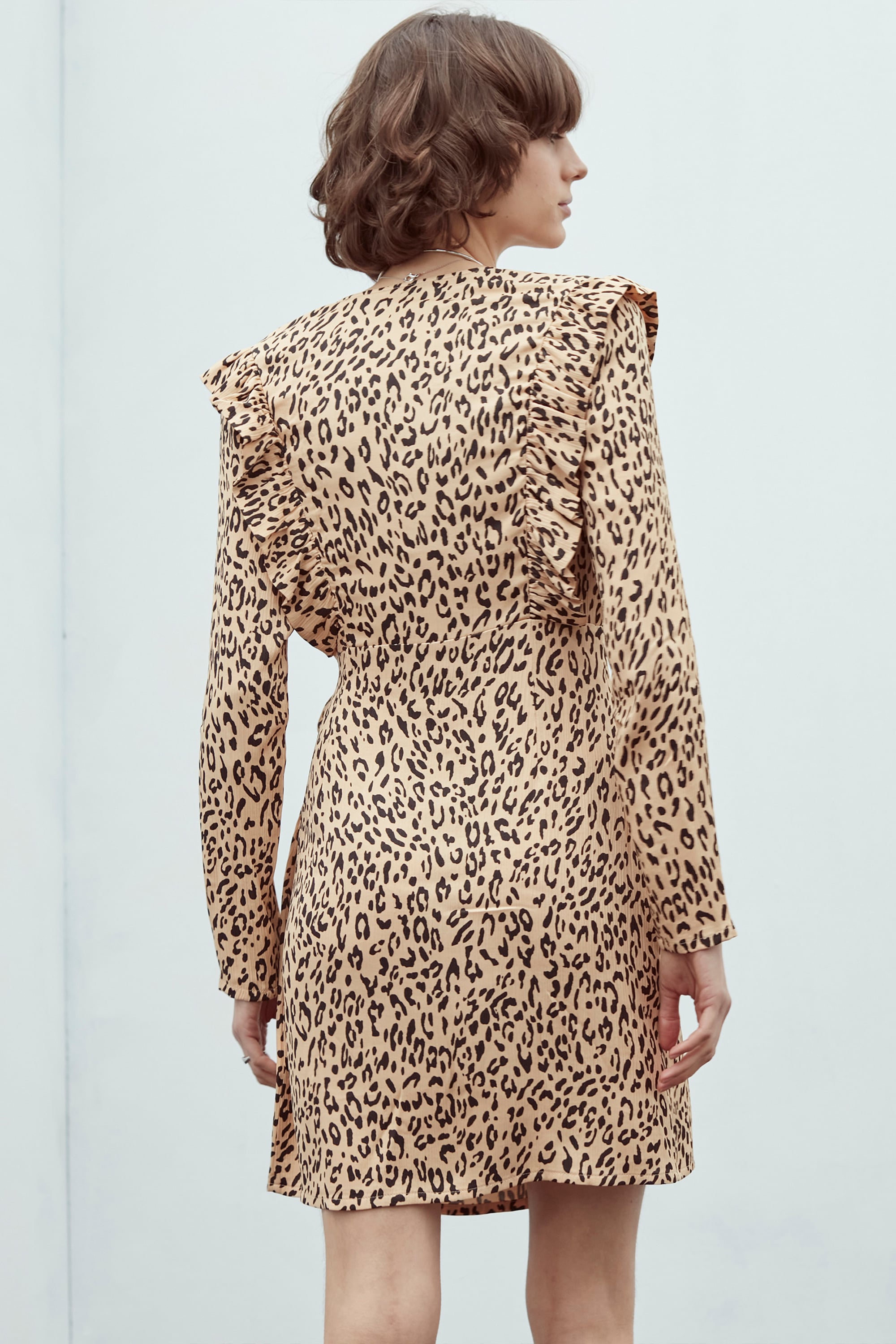 LEOPAR DESENLİ UZUN KOLLU MİNİ KRUVAZE ELBİSE