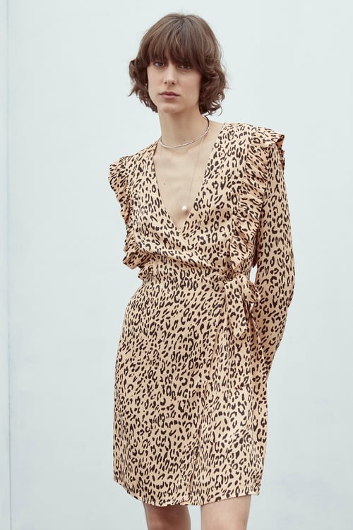 LEOPAR DESENLİ UZUN KOLLU MİNİ KRUVAZE ELBİSE