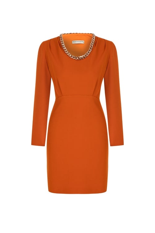  ZİNCİR DETAYLI UZUN KOLLU MİNİ ELBİSE