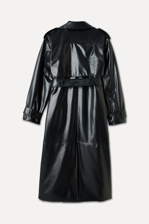  DERİ GÖRÜNÜMLÜ KEMERLİ MİDİ TRENÇKOT