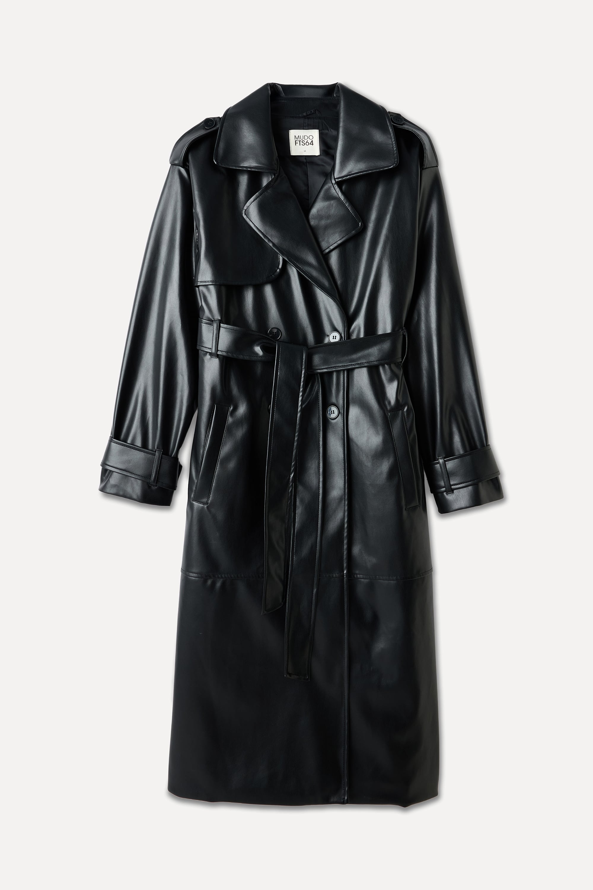 DERİ GÖRÜNÜMLÜ KEMERLİ MİDİ TRENÇKOT