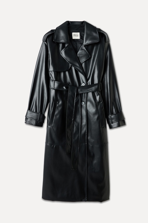  DERİ GÖRÜNÜMLÜ KEMERLİ MİDİ TRENÇKOT