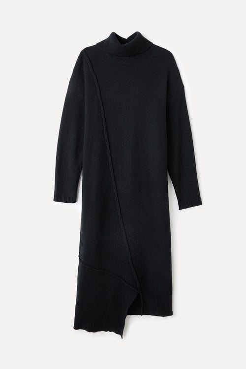  YÜNLÜ ASİMETRİK KESİM MİDİ ELBİSE